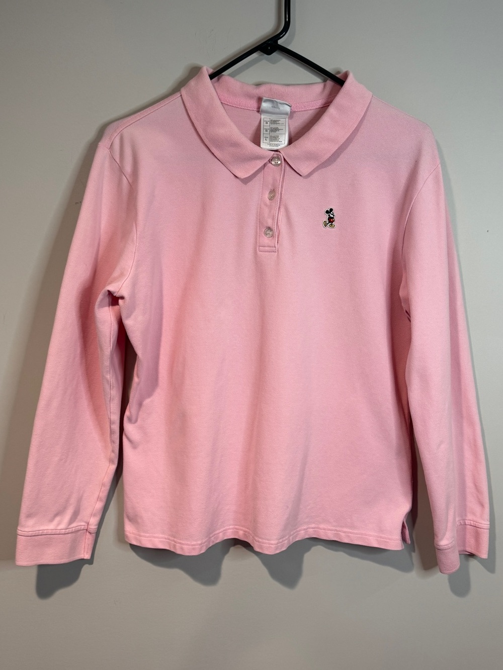 Disney Women’s Pink Mickey Mouse Long-Sleeve Pique Knit Embroidered Polo Shirt L
